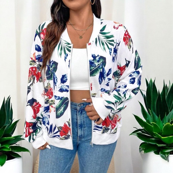 New Women's Tropical Plant Print Baseball Collar Jacket - Picture 10 of 16
